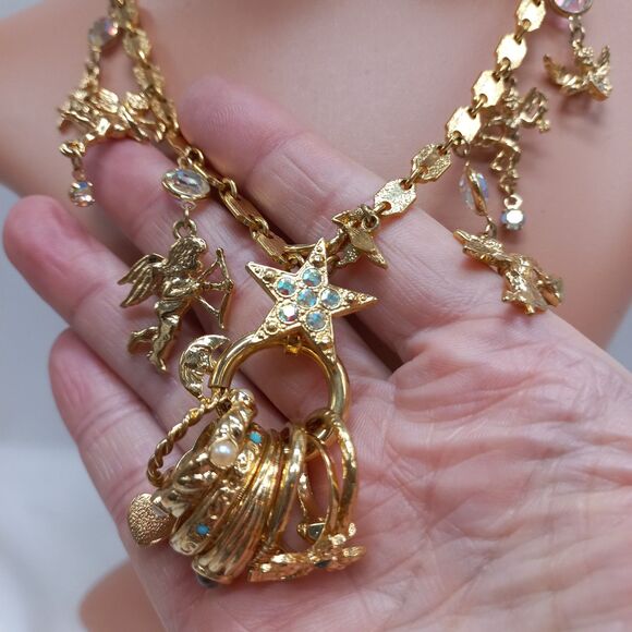 Kirks Folly Cupid Secrets of The 7 Angels Rings Gold Tone Long Necklace Vintage - Picture 4 of 11
